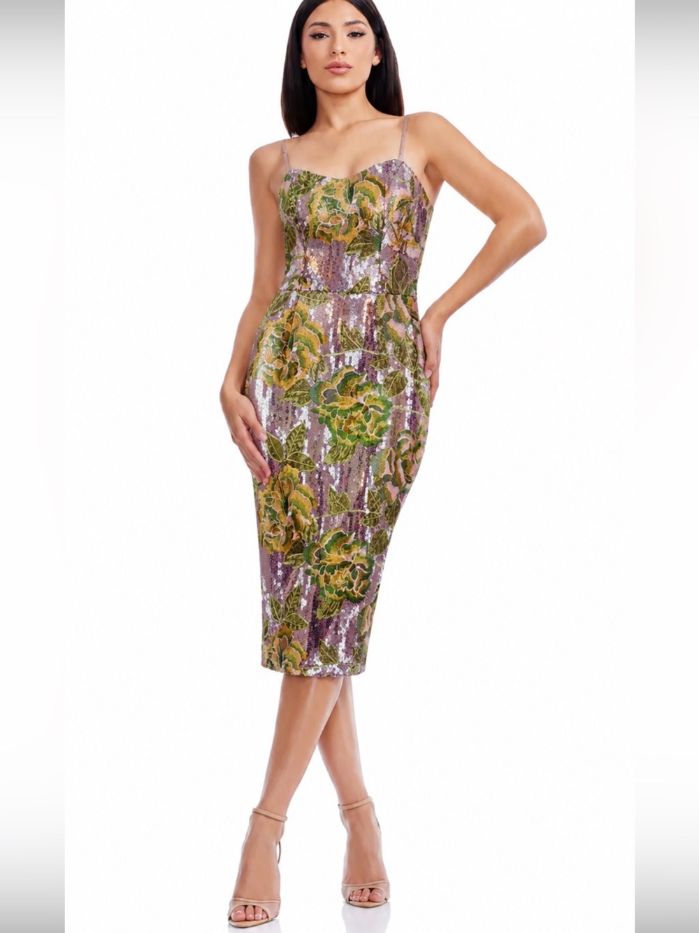New Dress The Population Blakely Sequin Floral Embroidery Cocktail Midi Dress S